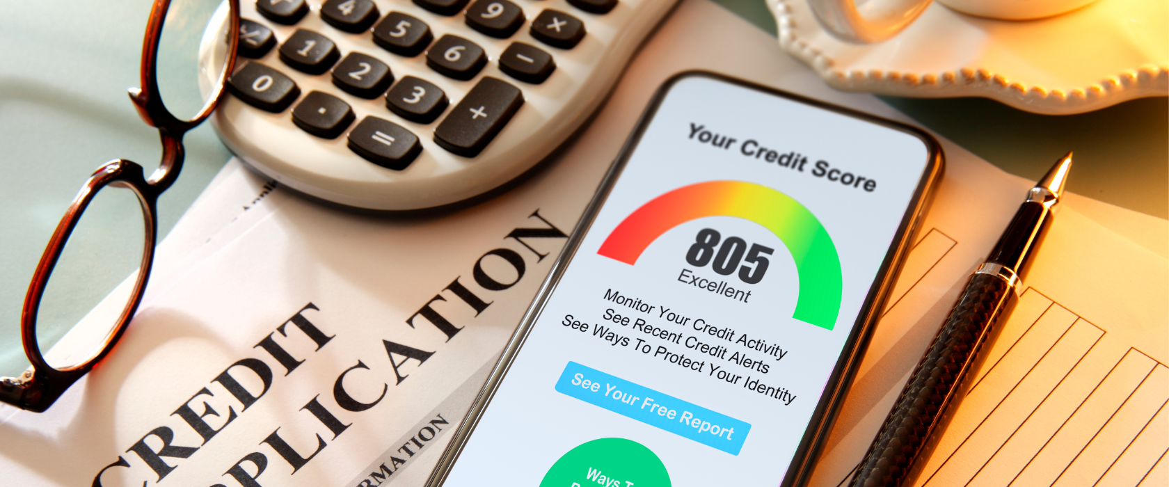 A cellphone depicts a credit score chart that displays a score of 