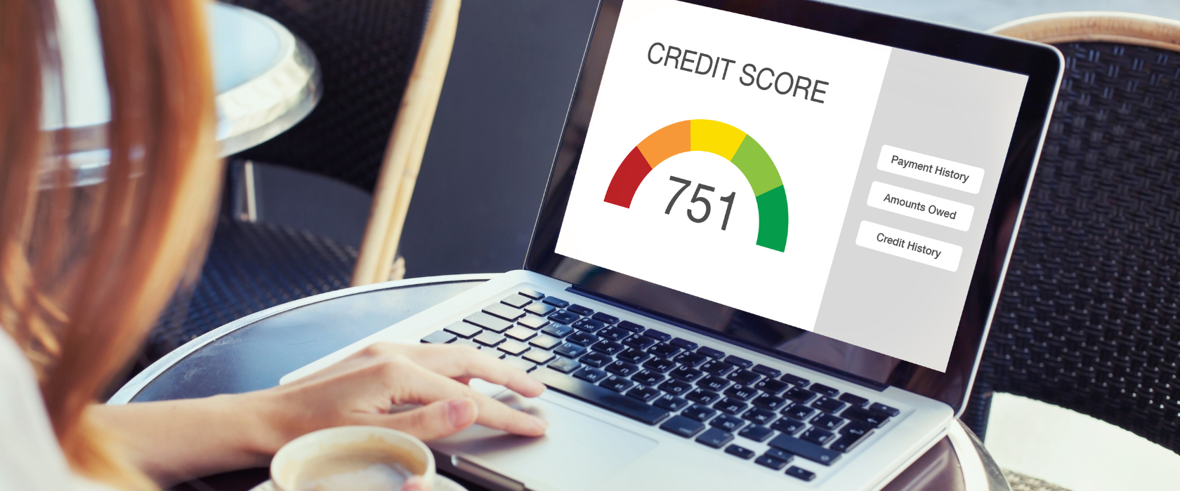 A women looks at a credit score chart that reads 